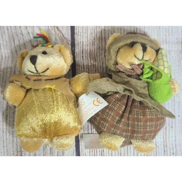 Vintage Russ Thanksgiving Bears Lot Of 4 Stuffed Animal Toys Brown Green 3" - Picture 4 of 5